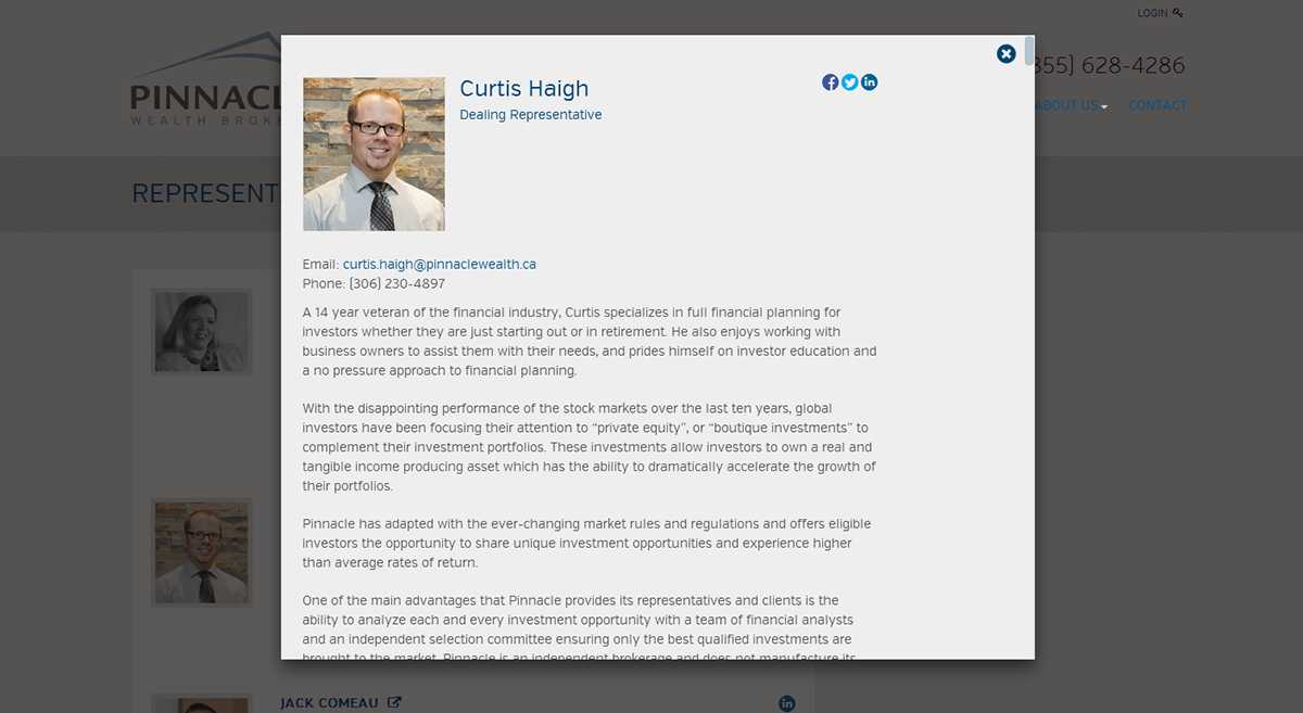 Pinnacle Wealth Brokers representative profile overlay for Curtis Haigh with his photo, contact details, and full biography