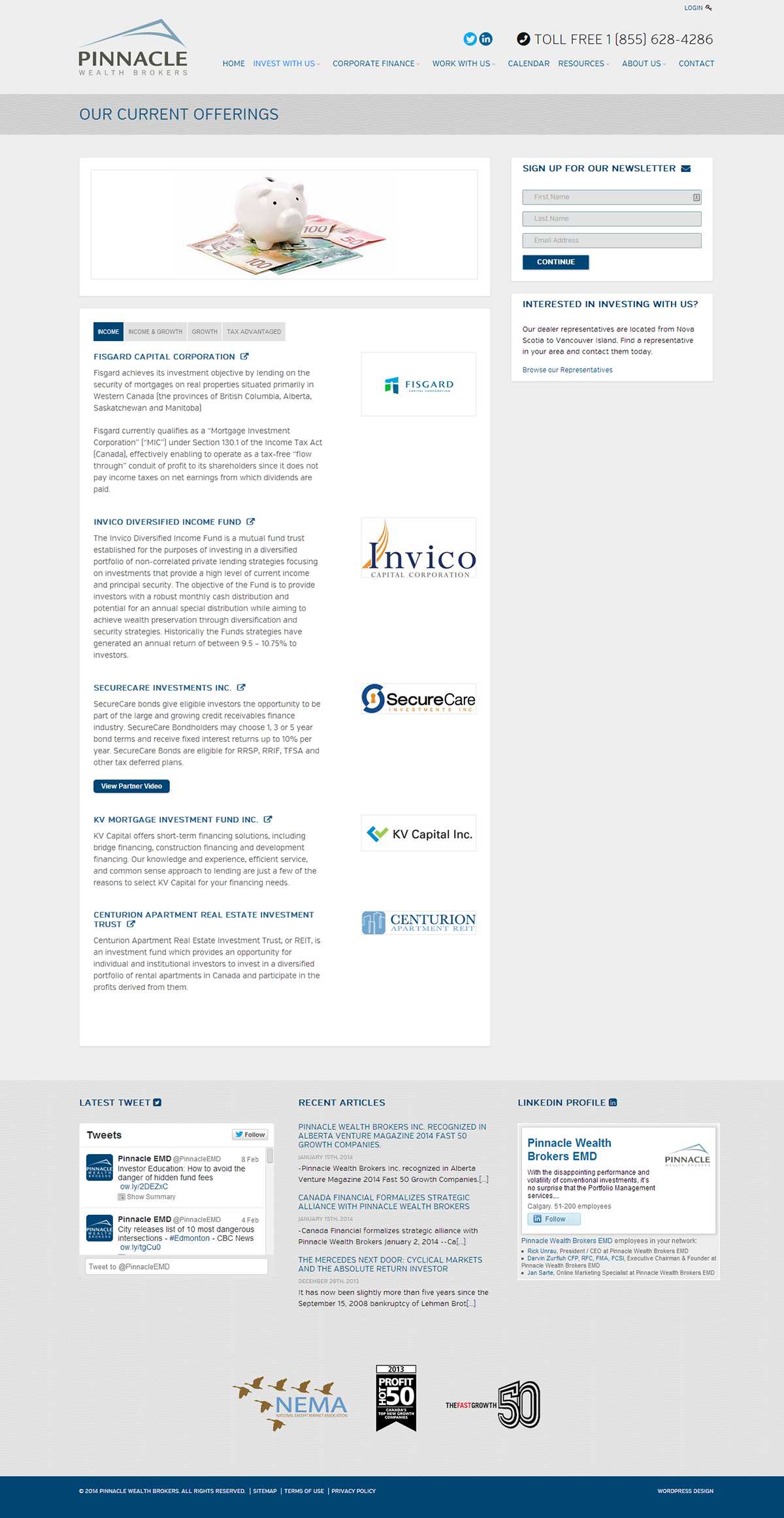Pinnacle Wealth Brokers Our Current Offerings page with investment category tabs and partner funds including Fisgard, Invico, SecureCare, KV Capital, and Centurion