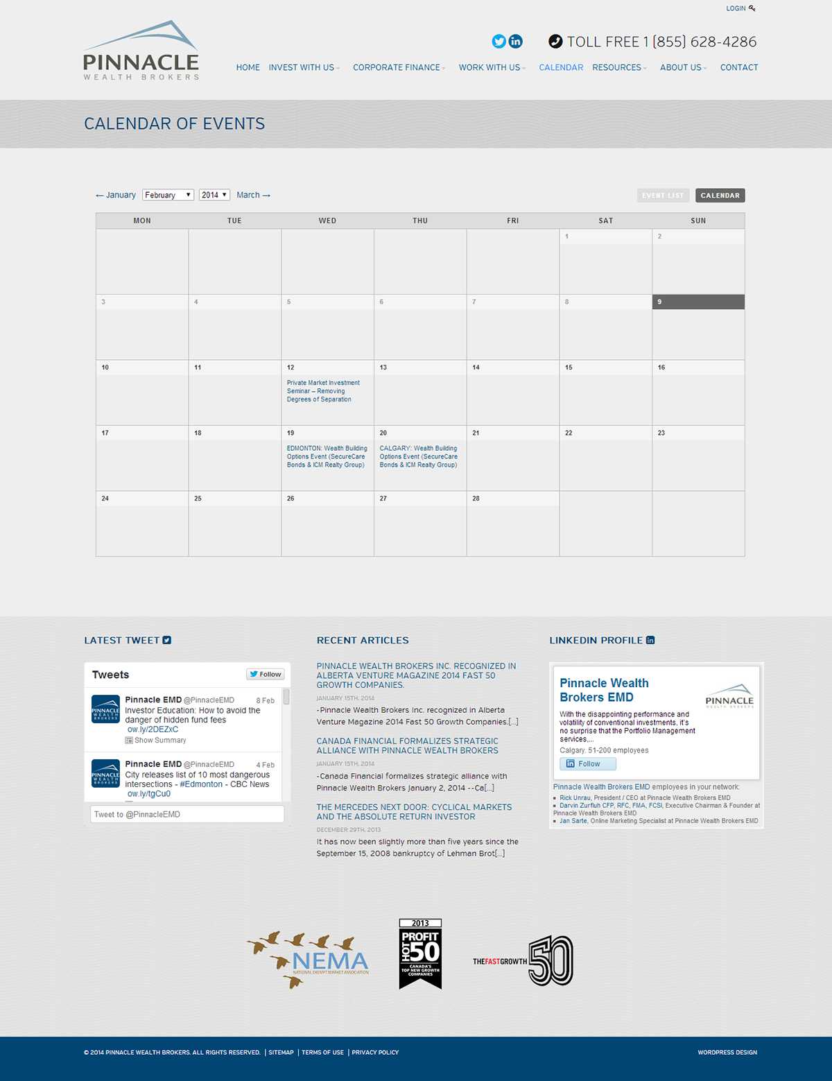 Pinnacle Wealth Brokers Calendar of Events page showing February 2014 with wealth building and private market investment events