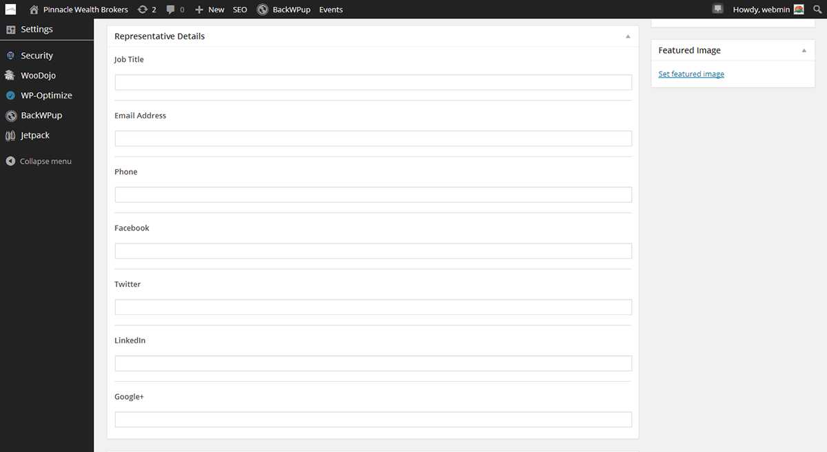 Pinnacle Wealth Brokers WordPress admin 'Representative Details' panel with custom fields for job title, email, phone, and social profiles