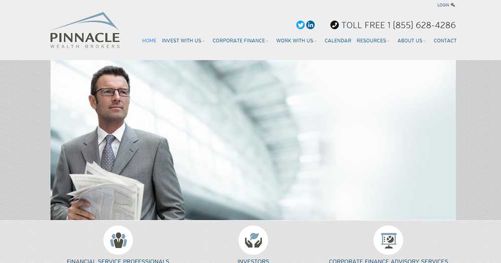 Pinnacle Wealth Brokers homepage with the firm's logo in the header and a businessman holding a newspaper in a modern lobby below the main navigation