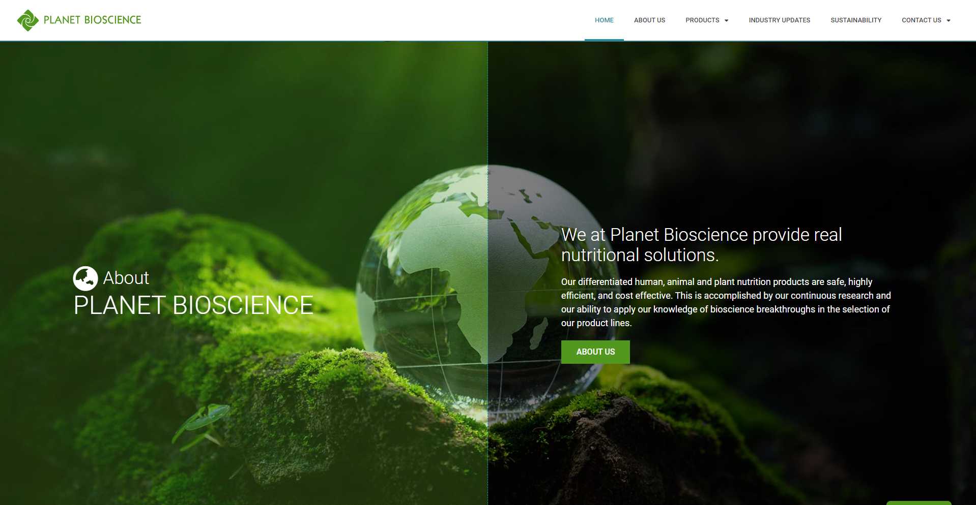 Planet Bioscience homepage About section with a globe resting on moss and the line 'We at Planet Bioscience provide real nutritional solutions'