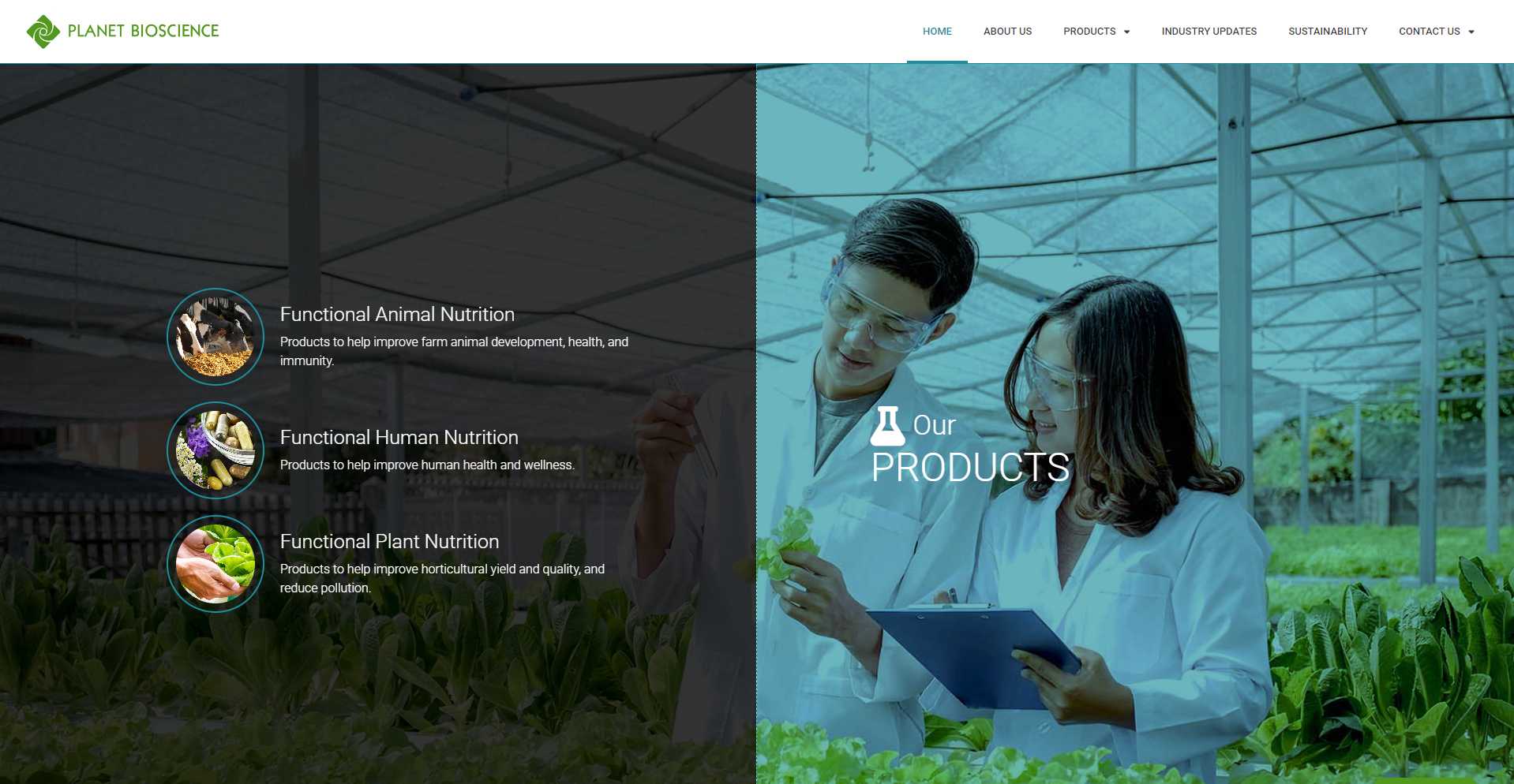 Planet Bioscience homepage Our Products section listing functional animal, human, and plant nutrition over a greenhouse photo