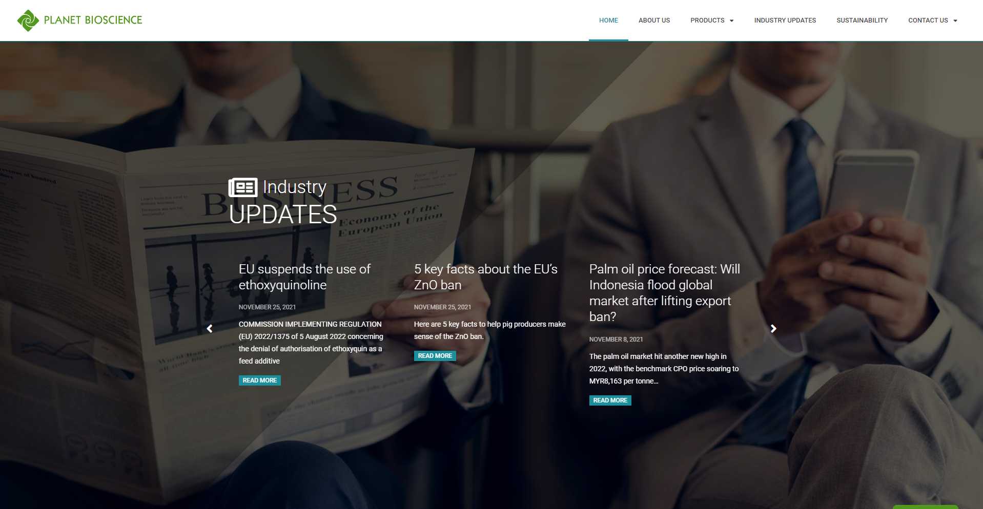 Planet Bioscience homepage Industry Updates section with cards for the EU ethoxyquinoline suspension, the EU ZnO ban, and palm oil price forecasts