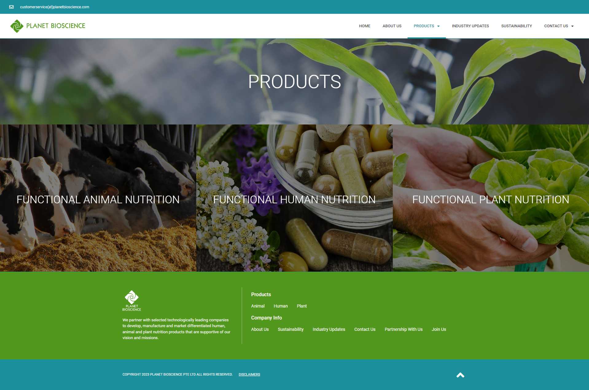 Planet Bioscience Products page with the three nutrition categories and the site footer