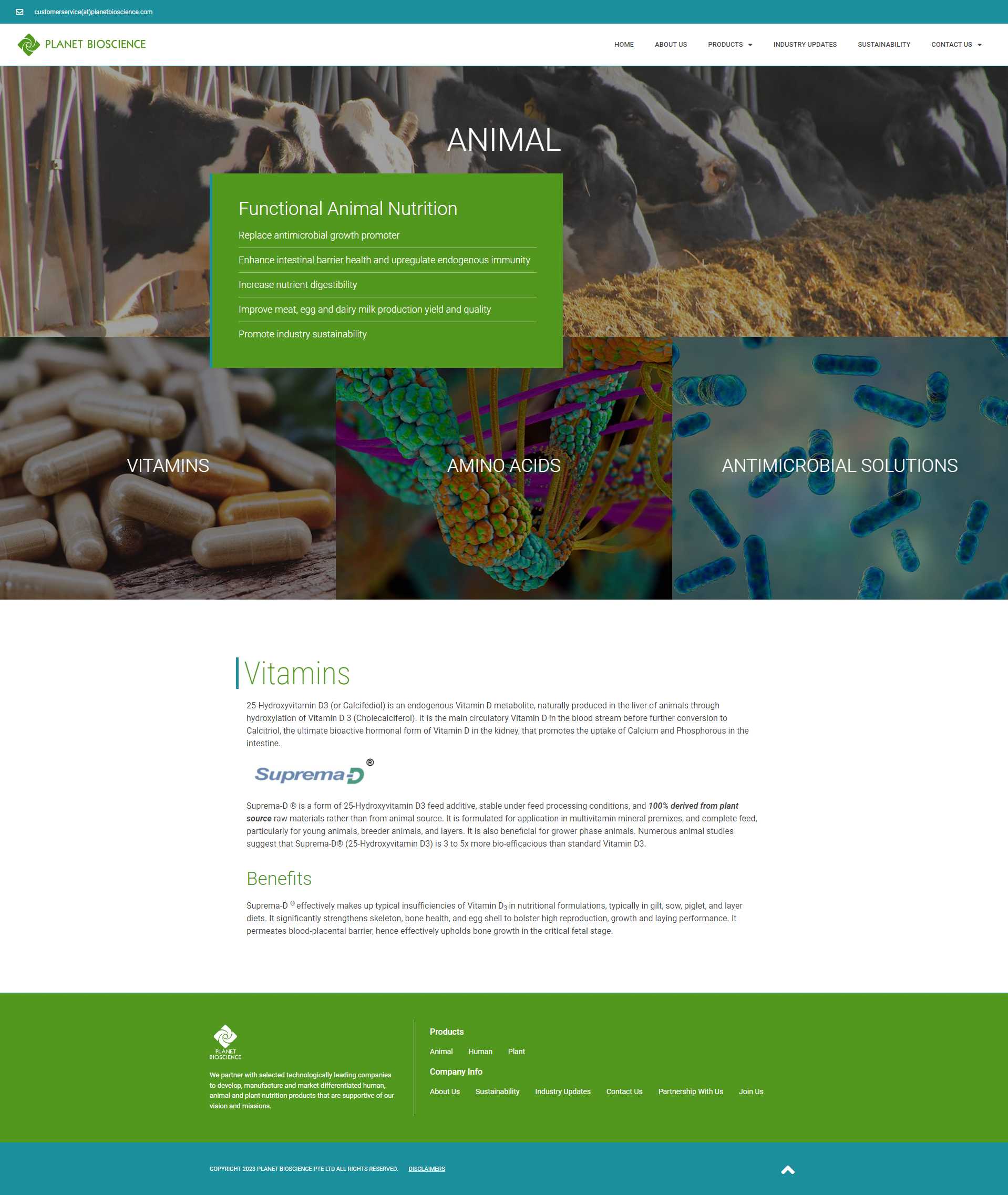 Planet Bioscience Animal page with functional animal nutrition benefits, the vitamins, amino acids, and antimicrobial solutions categories, and the Suprema-D detail