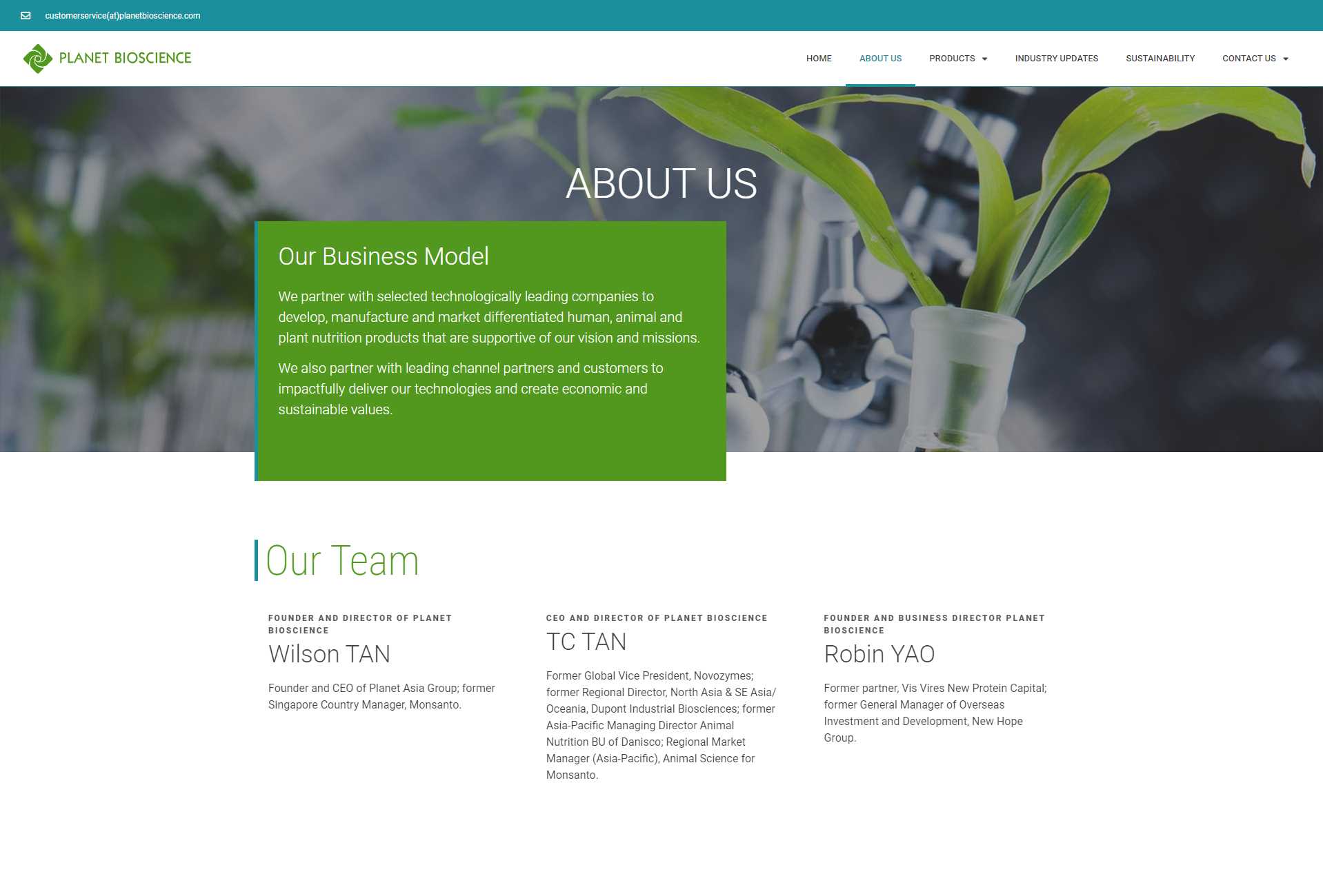 Planet Bioscience About Us page with the Our Business Model panel and profiles of Wilson Tan, TC Tan, and Robin Yao