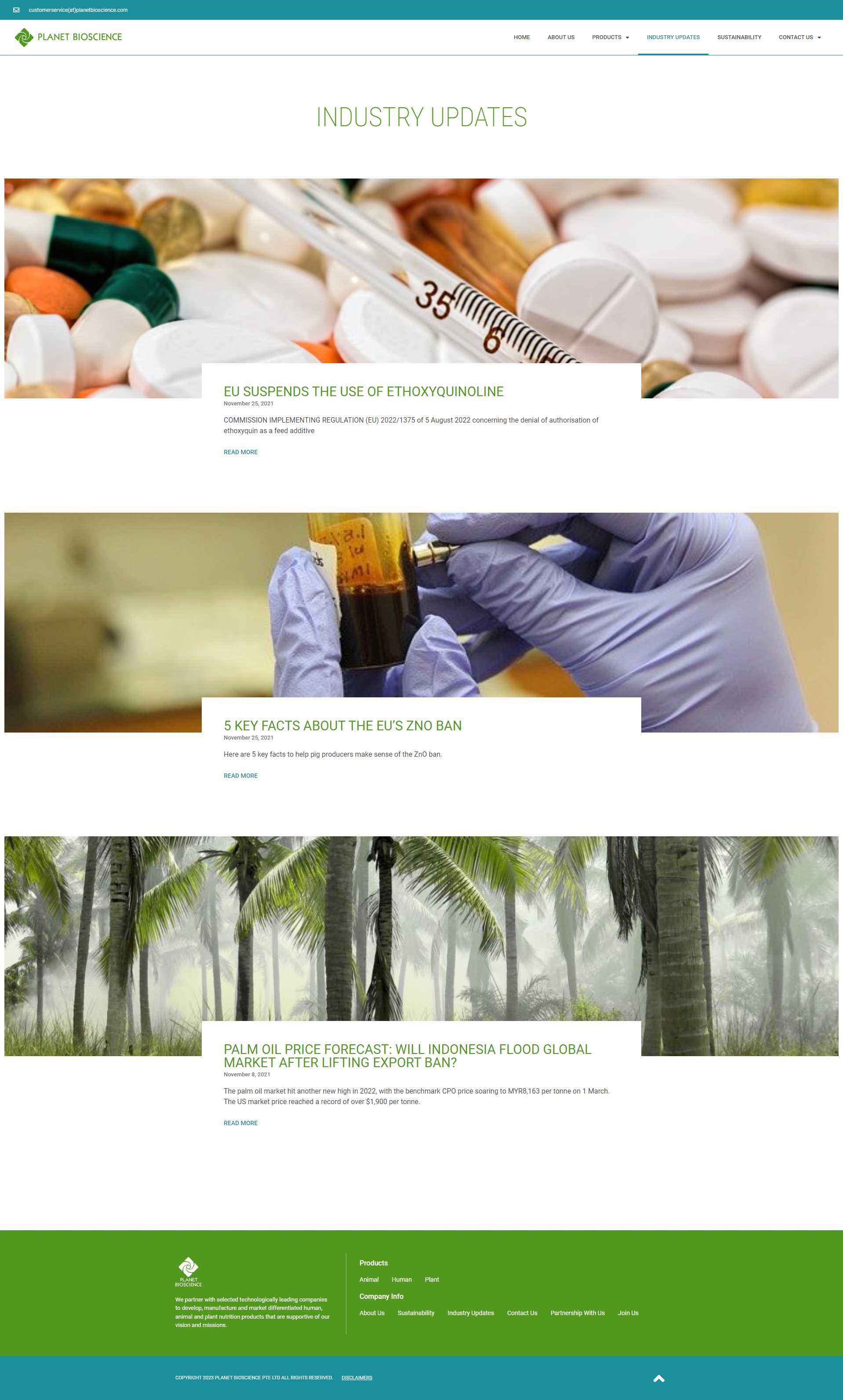 Planet Bioscience Industry Updates page listing articles on ethoxyquinoline, the EU ZnO ban, and palm oil price forecasts