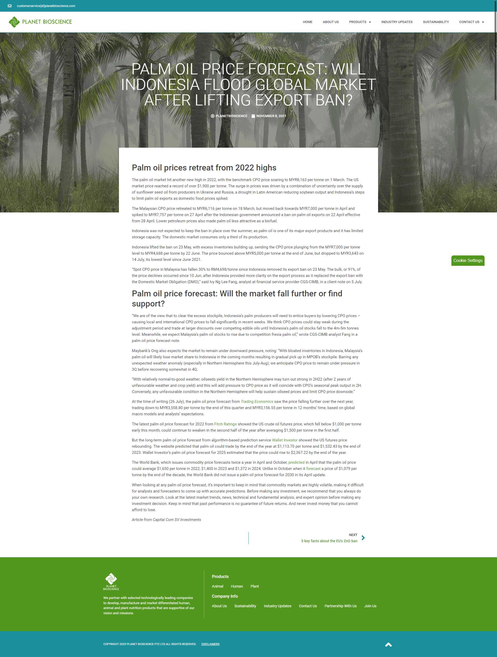 Planet Bioscience palm oil price forecast article with its full body text, article metadata, and a next-article link