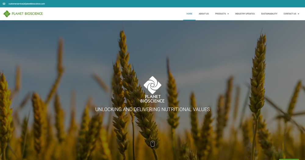 Planet Bioscience homepage hero with the company mark and the tagline 'Unlocking and delivering nutritional values' over a field of wheat