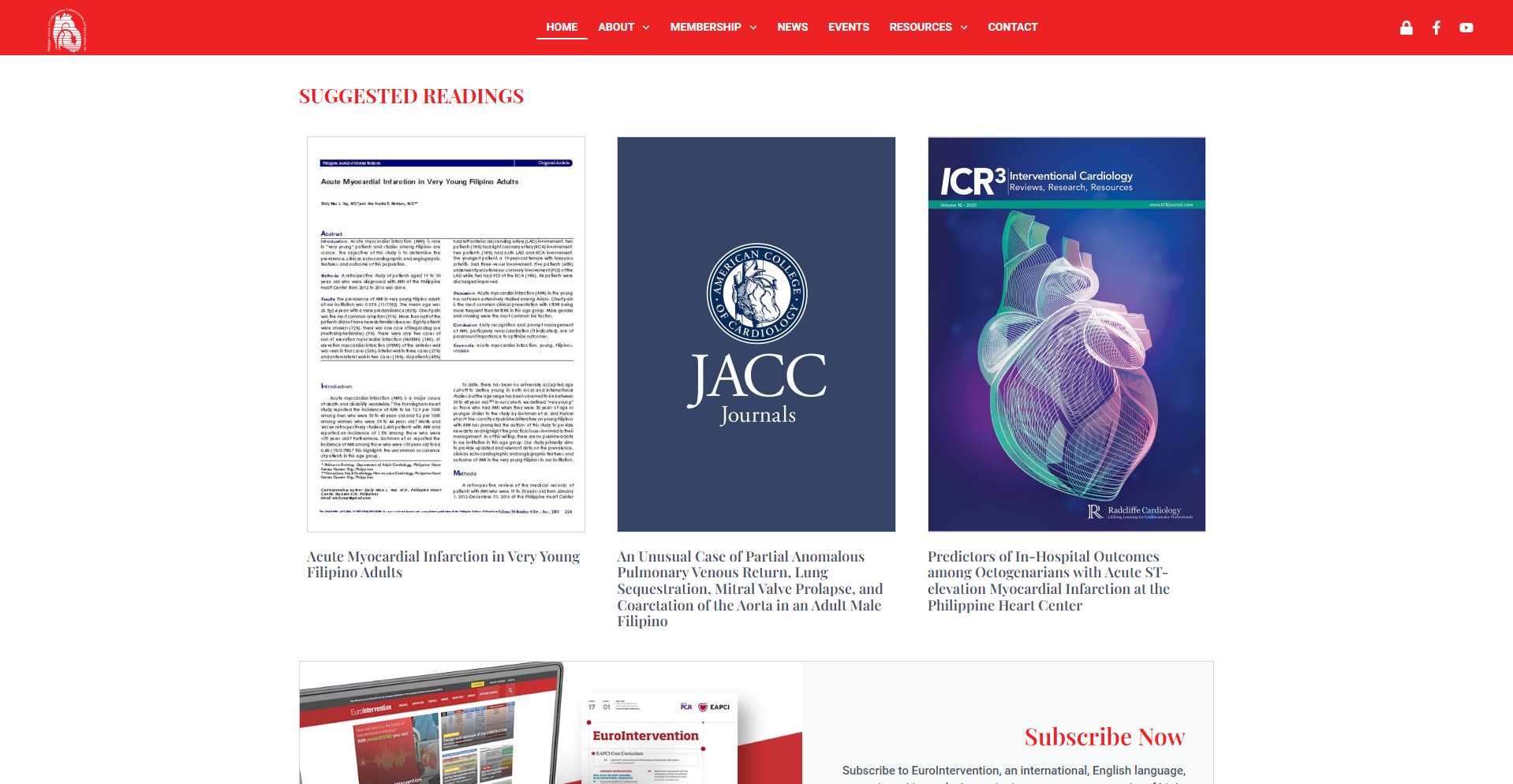 PSCCI homepage Suggested Readings section with Philippine Journal of Urology, JACC Journals, and ICR3 covers and a EuroIntervention Subscribe Now panel