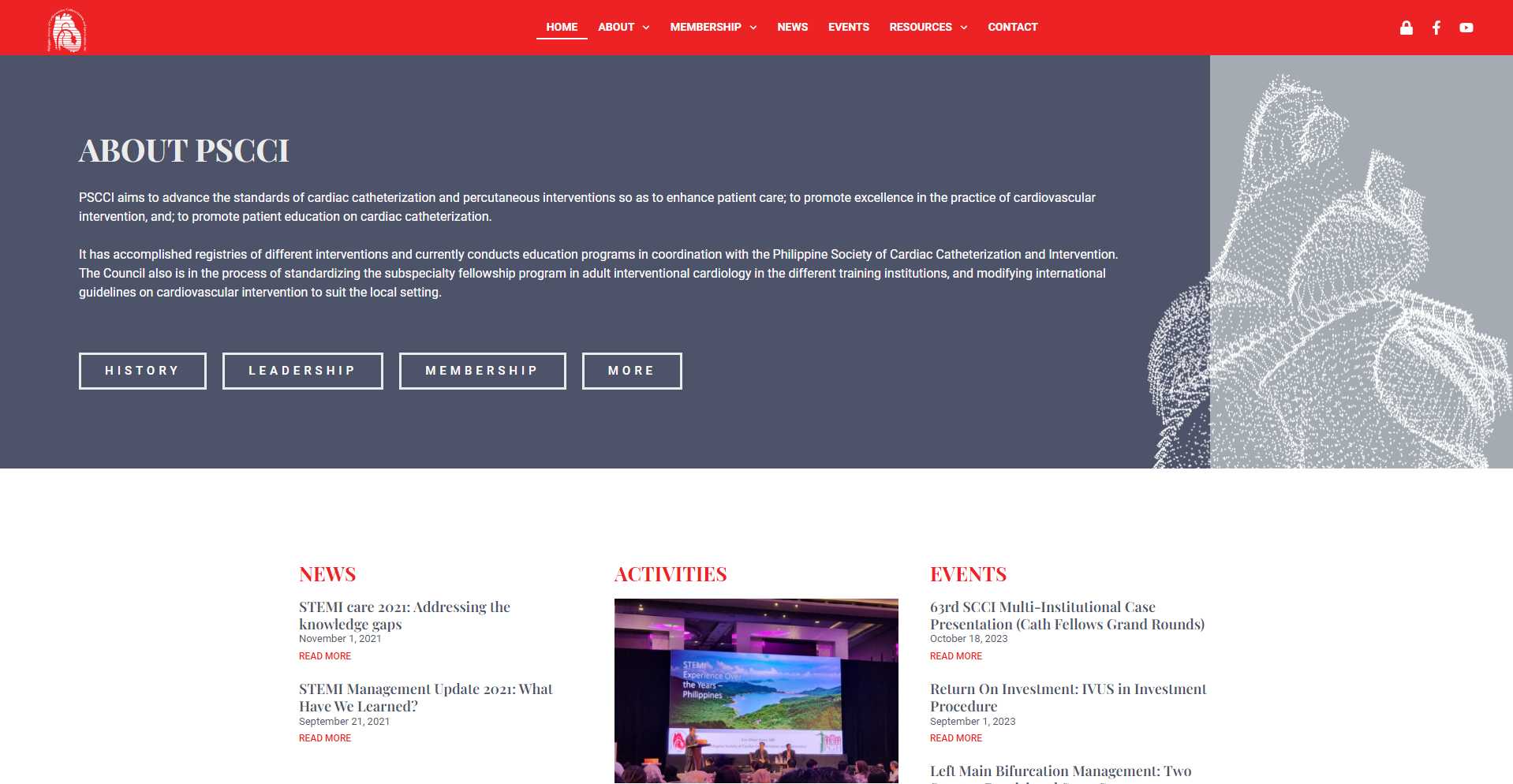 PSCCI About page with the society's mission statement, History, Leadership, Membership, and More buttons, and News, Activities, and Events columns