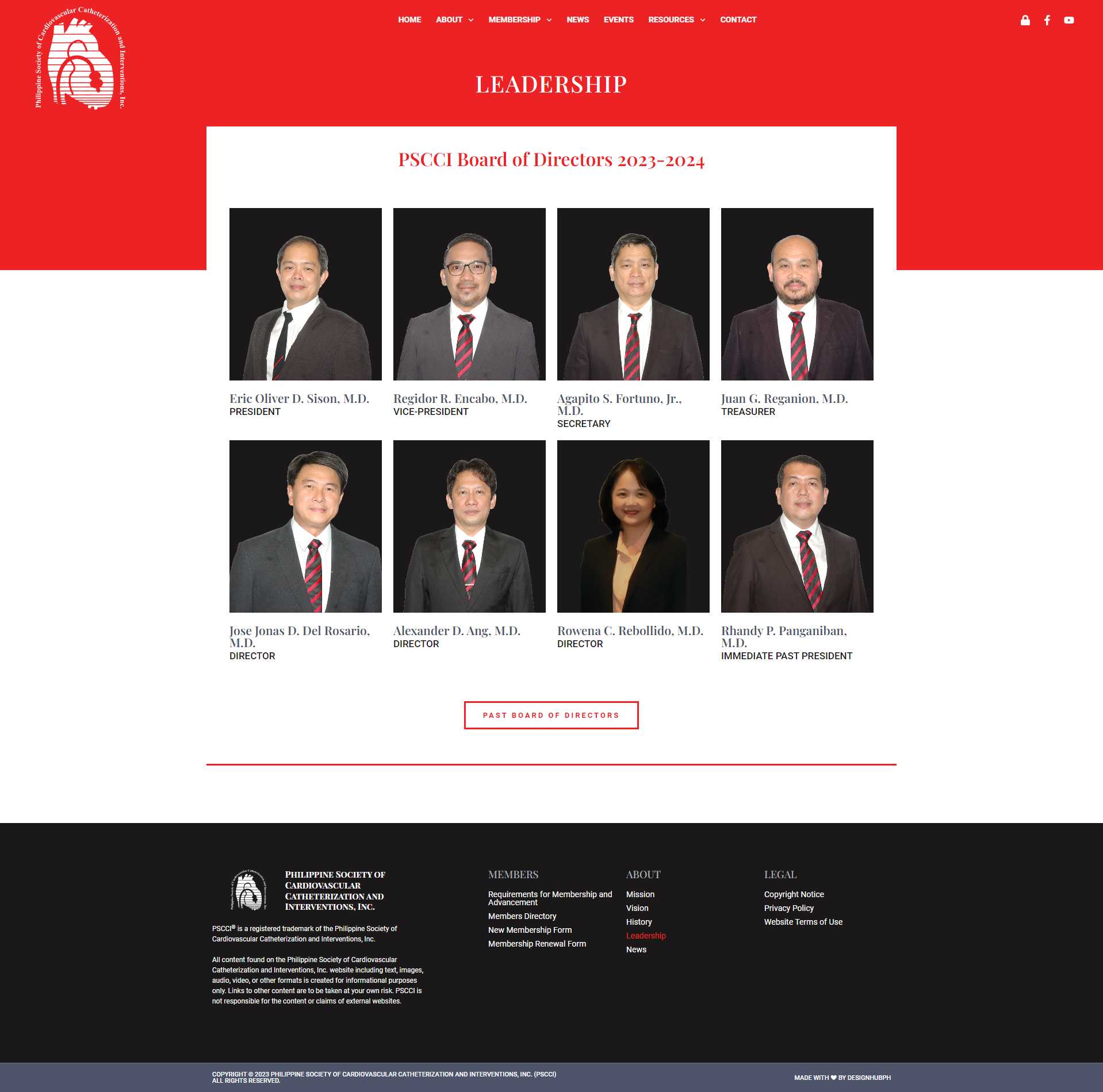 PSCCI Leadership page with the 2023-2024 Board of Directors portraits and a Past Board of Directors button