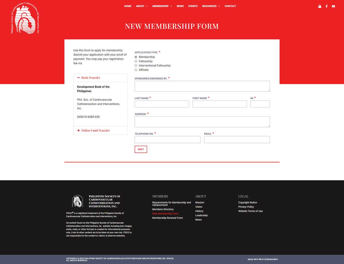 PSCCI New Membership Form with application type options, sponsor fields, and bank transfer payment details