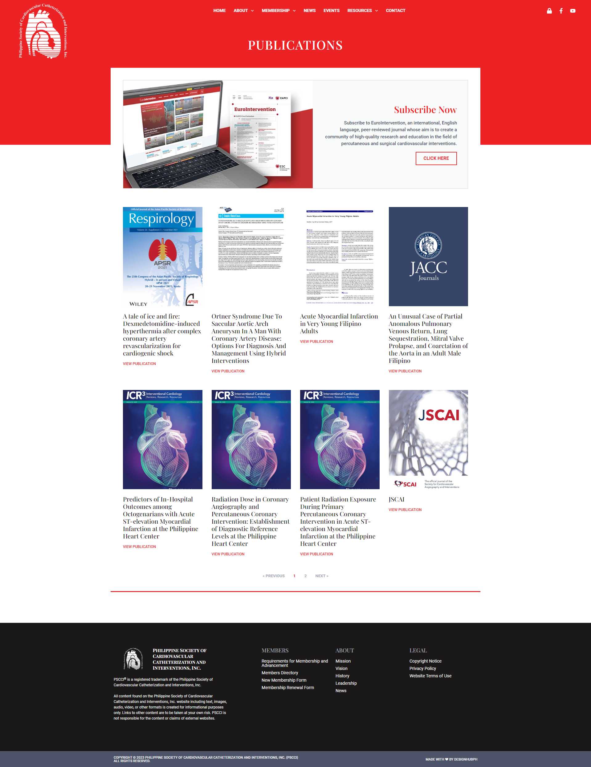 PSCCI Publications page with a EuroIntervention subscribe panel and a grid of journal publication cards with View Publication links