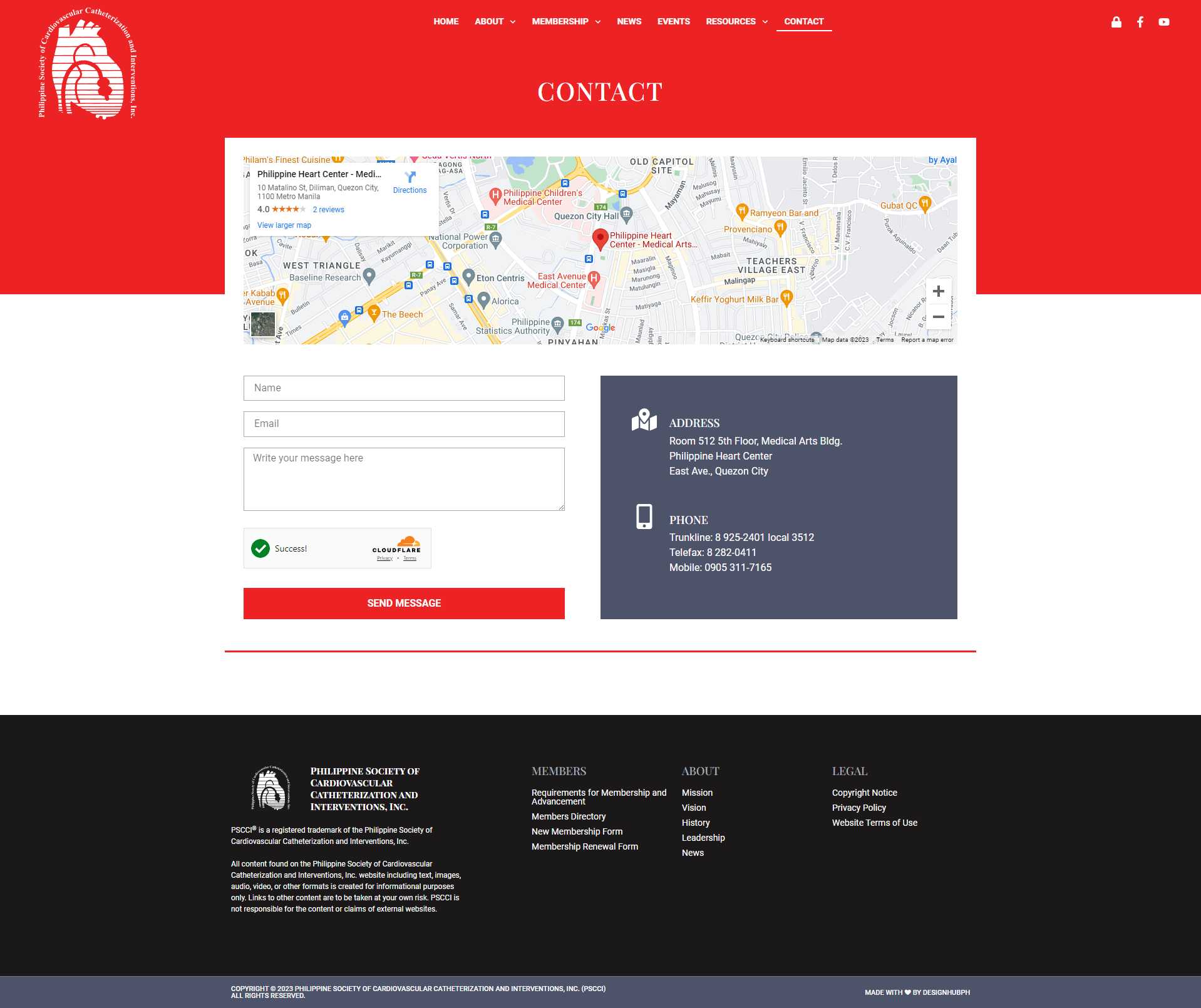 PSCCI Contact page with a Google Map of the Philippine Heart Center area, a message form, and the office address and phone numbers