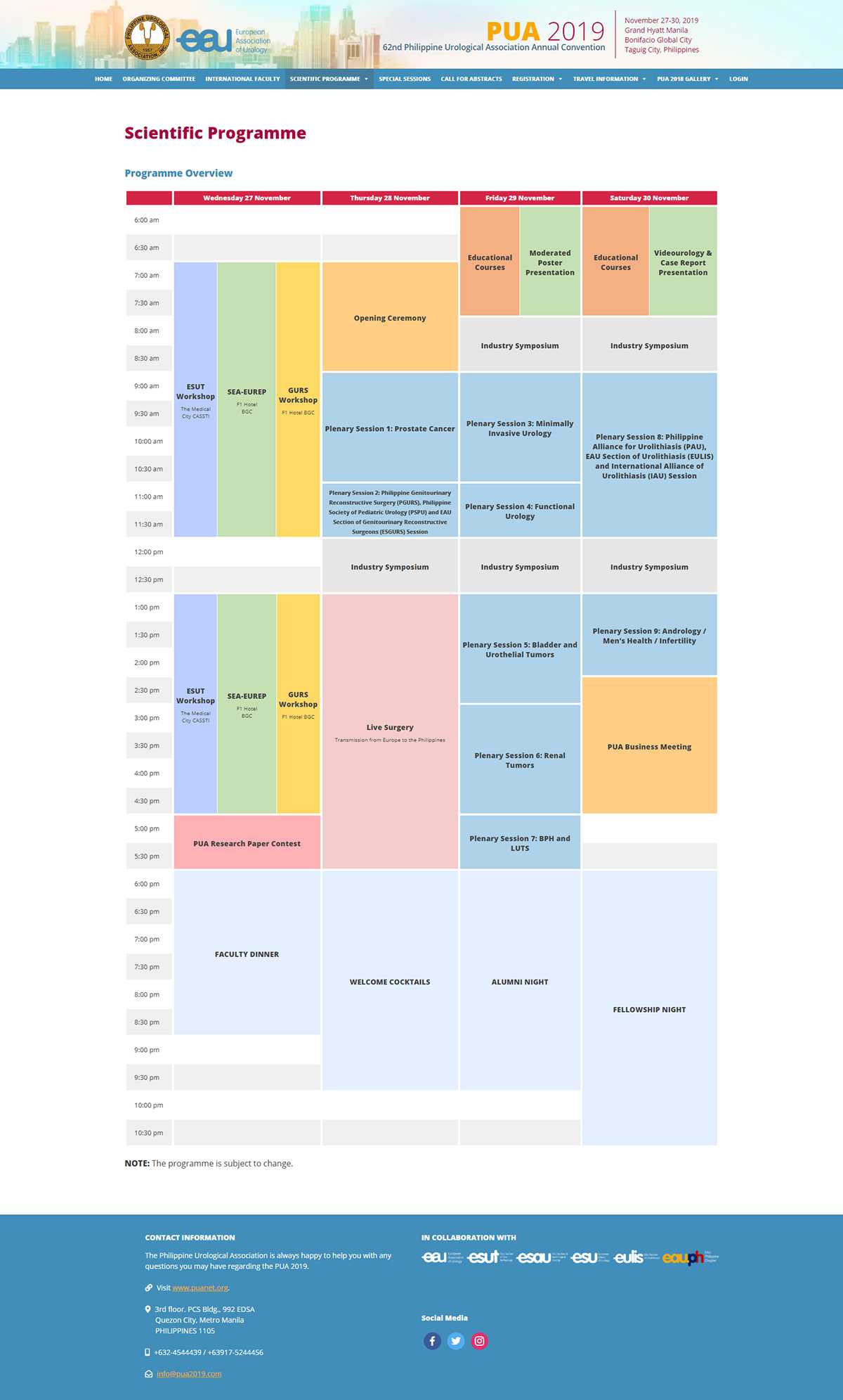 PUA 2019 Scientific Programme overview grid showing the ESUT, SEA-UREP, and GURS workshops alongside plenary sessions and industry symposia across four days