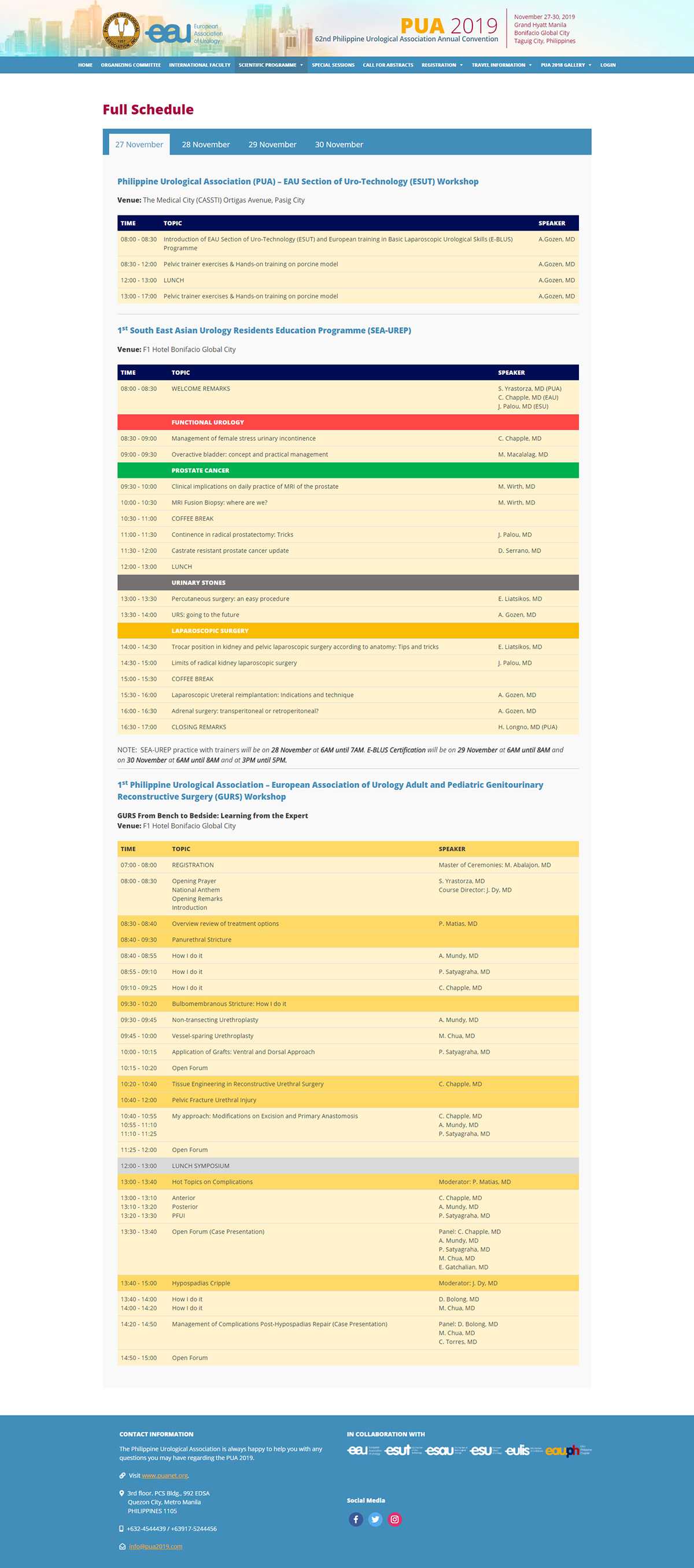 PUA 2019 Full Schedule page with day tabs and detailed timetables for the ESUT Workshop, SEA-UREP, and PUA-EAU GURS Workshop