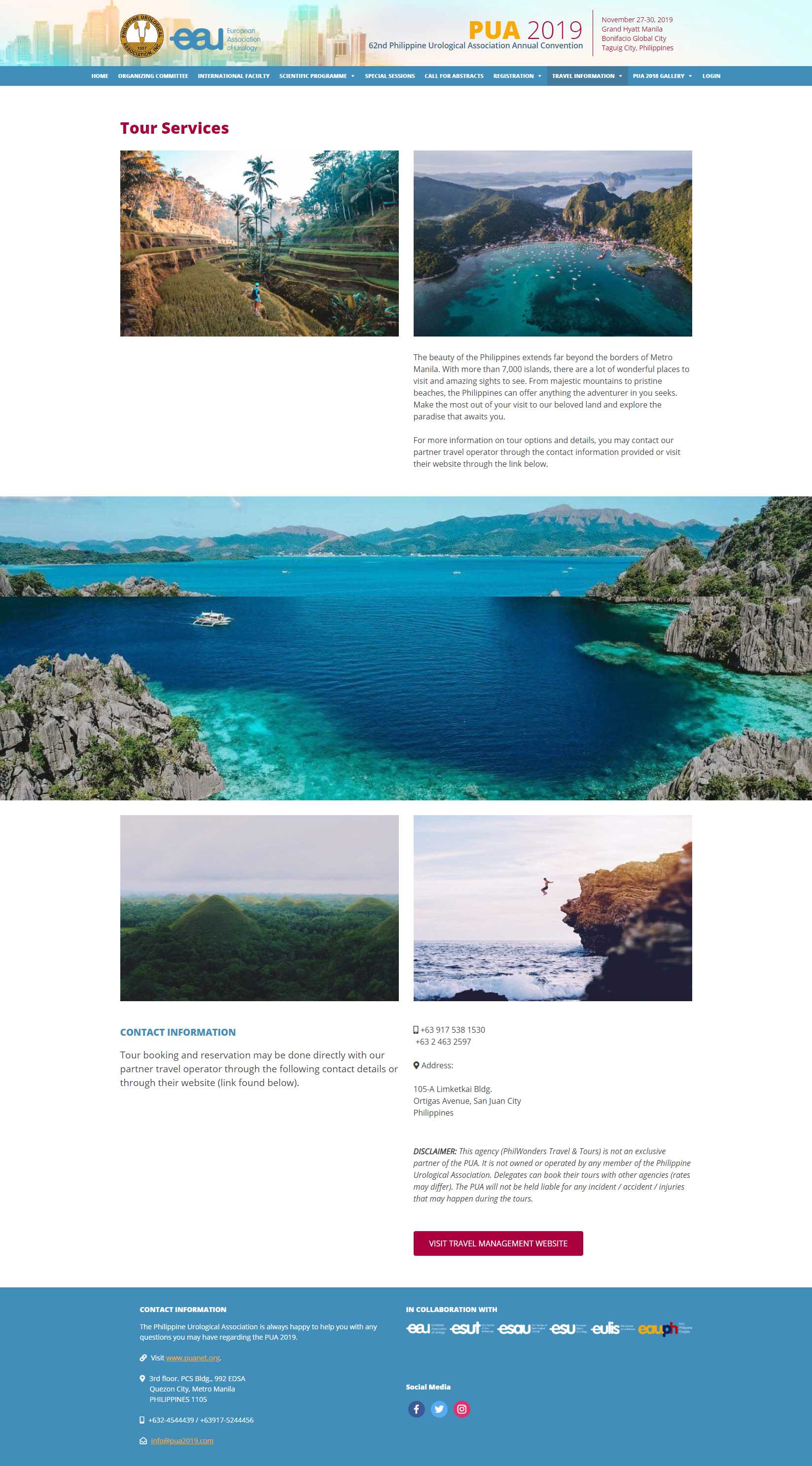 PUA 2019 Tour Services page with Philippine destination photos and the partner travel operator's contact details and disclaimer