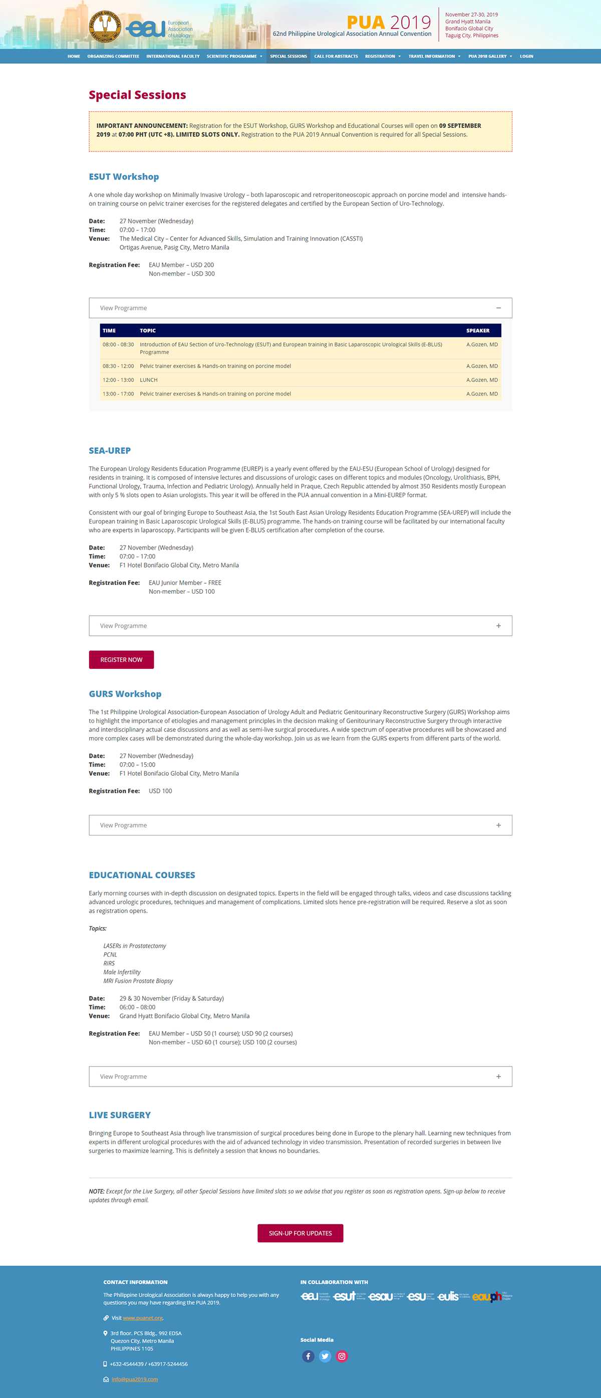 PUA 2019 Special Sessions page covering the ESUT Workshop, SEA-UREP, GURS Workshop, Educational Courses, and Live Surgery with dates, venues, and fees