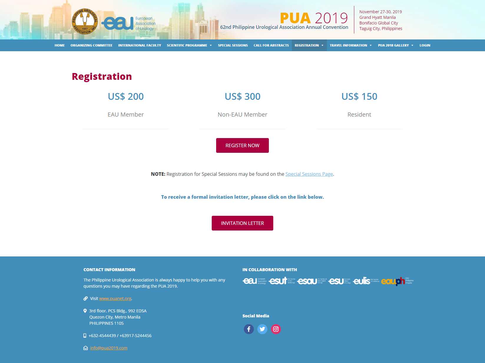 PUA 2019 Registration page showing the US$200 EAU Member, US$300 Non-EAU Member, and US$150 Resident fees with a Register Now button