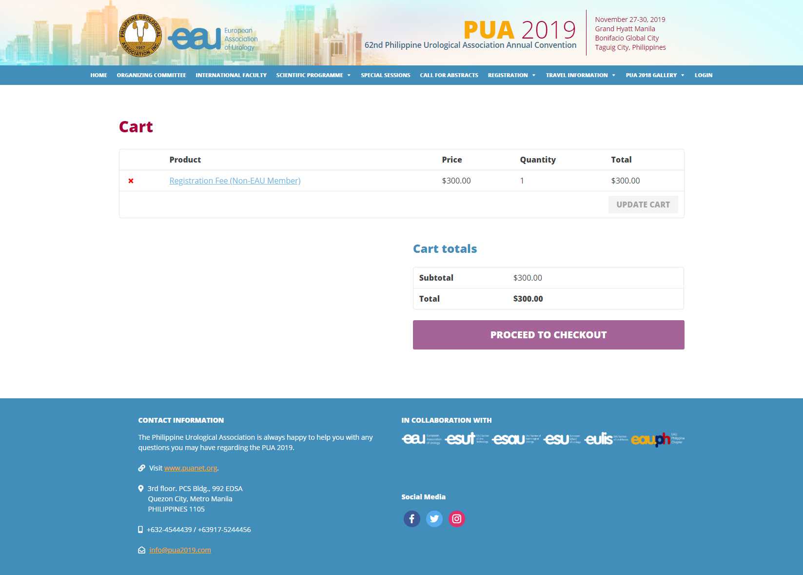 PUA 2019 cart page with a $300 Non-EAU Member registration fee and a Proceed to Checkout button