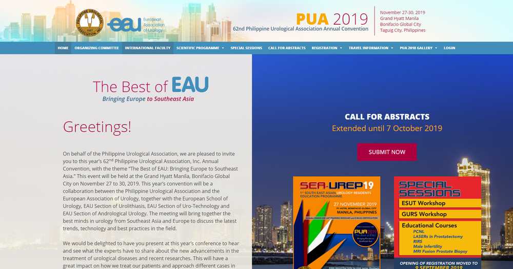 PUA 2019 homepage hero with the Philippine Urological Association and EAU logos, the 'The Best of EAU' greeting, and a Call for Abstracts panel