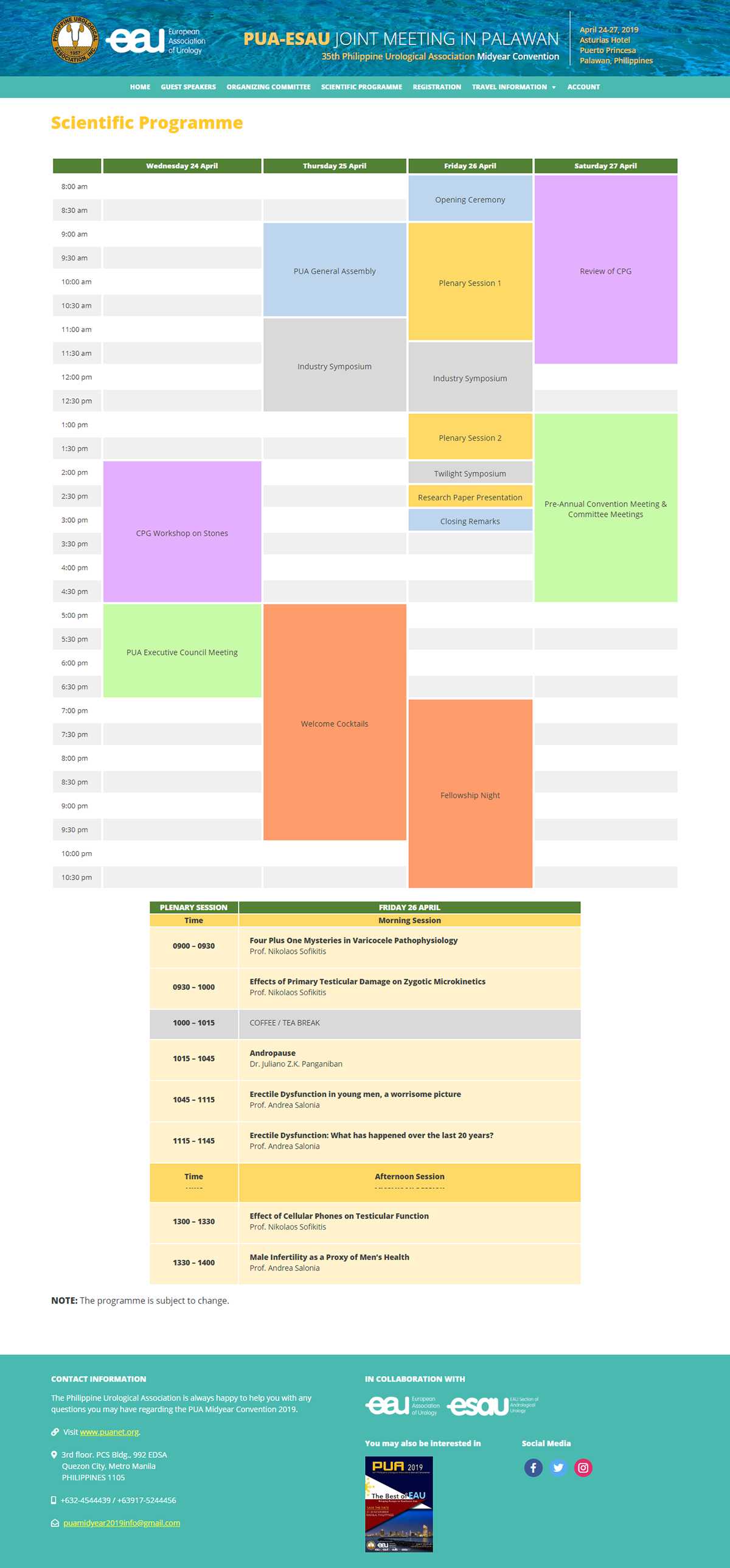 PUA Midyear Convention 2019 Scientific Programme page with a four-day timetable grid and the Friday plenary session table of talks and speakers