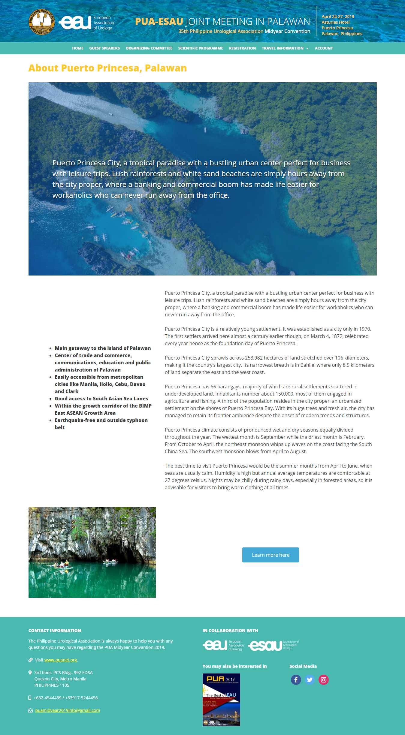 PUA Midyear Convention 2019 About Puerto Princesa page with aerial and Underground River photos, destination highlights, and travel tips