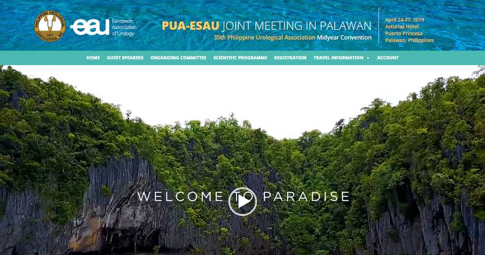 PUA Midyear Convention 2019 homepage hero with the PUA and EAU logos, the Palawan meeting banner, and a Welcome to Paradise video over limestone cliffs