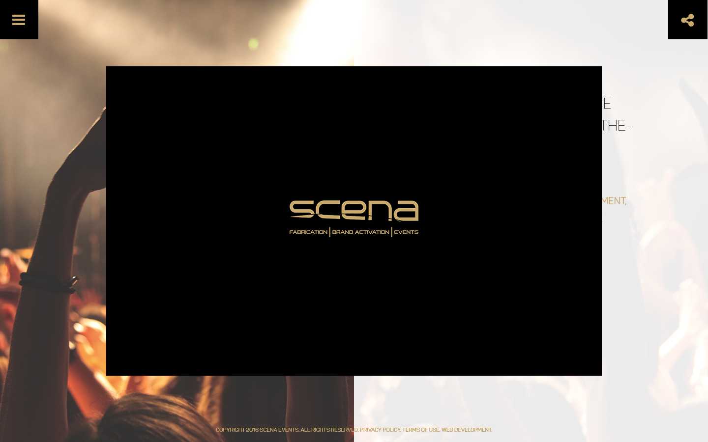 Scena homepage loading screen with the black scena panel over a concert crowd photo