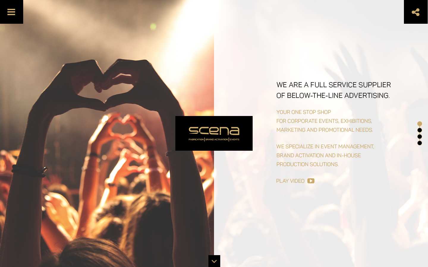 Scena homepage section headed 'We are a full service supplier of below-the-line advertising' with a Play Video link over a concert crowd photo