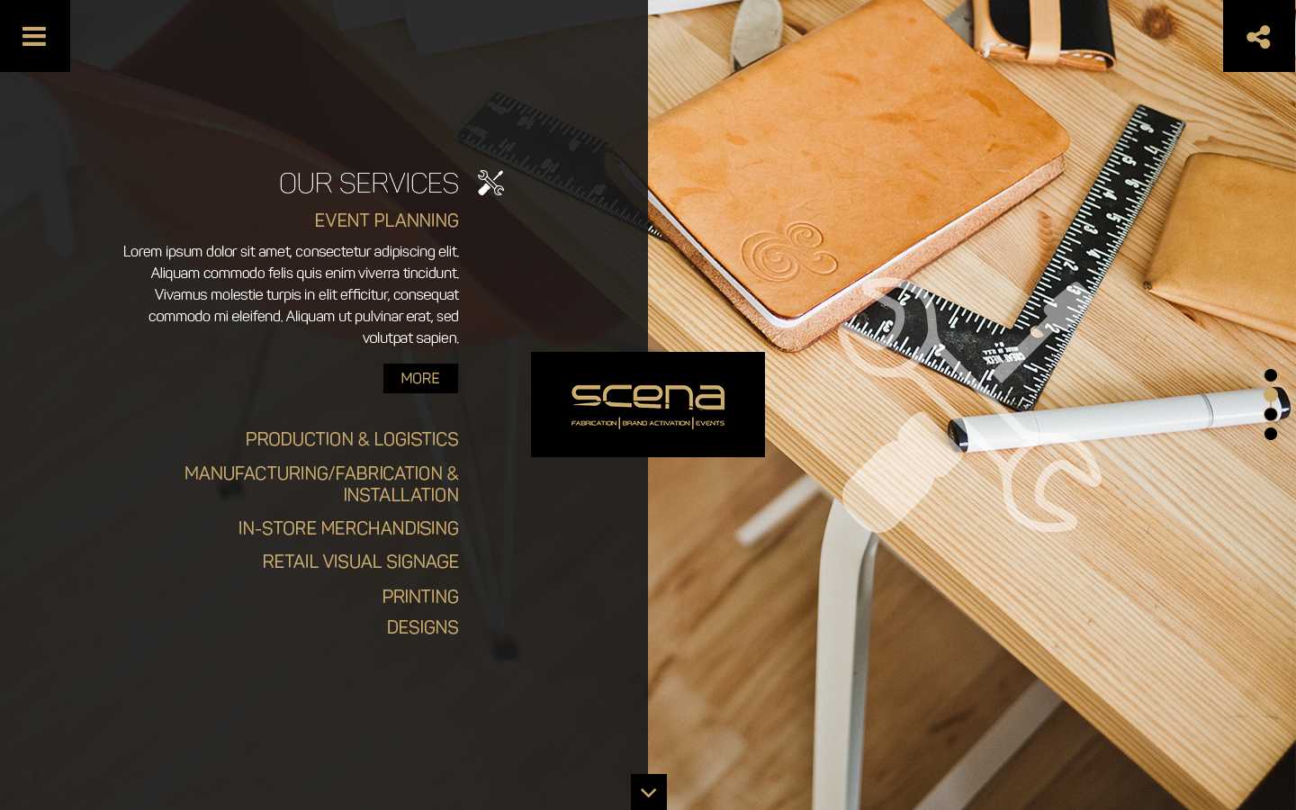 Scena Our Services section listing event planning, production and logistics, manufacturing, in-store merchandising, retail visual signage, printing, and designs