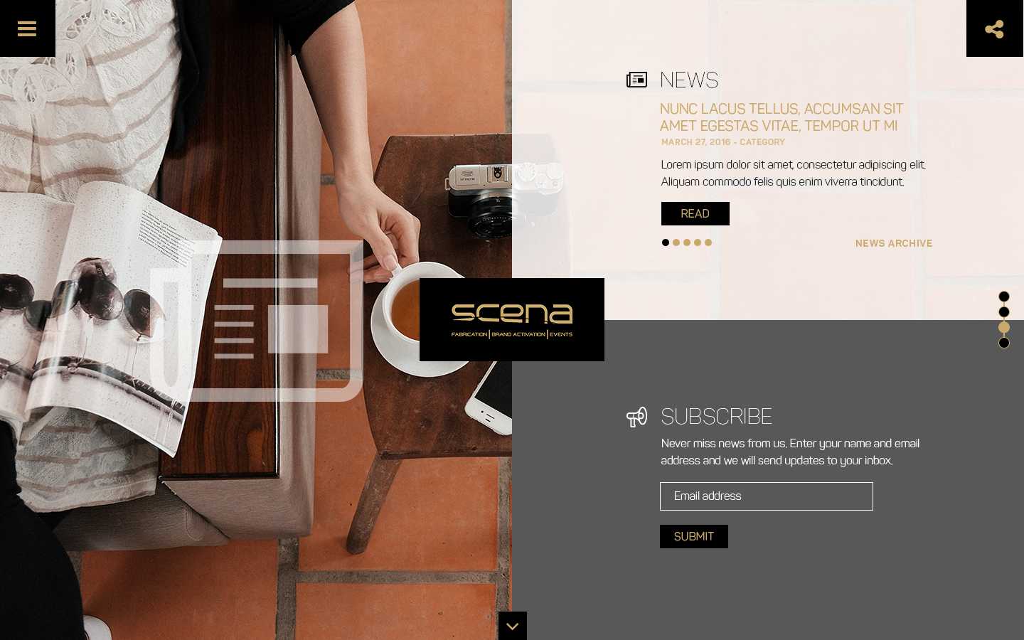 Scena News and Subscribe sections with a news card, news archive dots, and an email sign-up form
