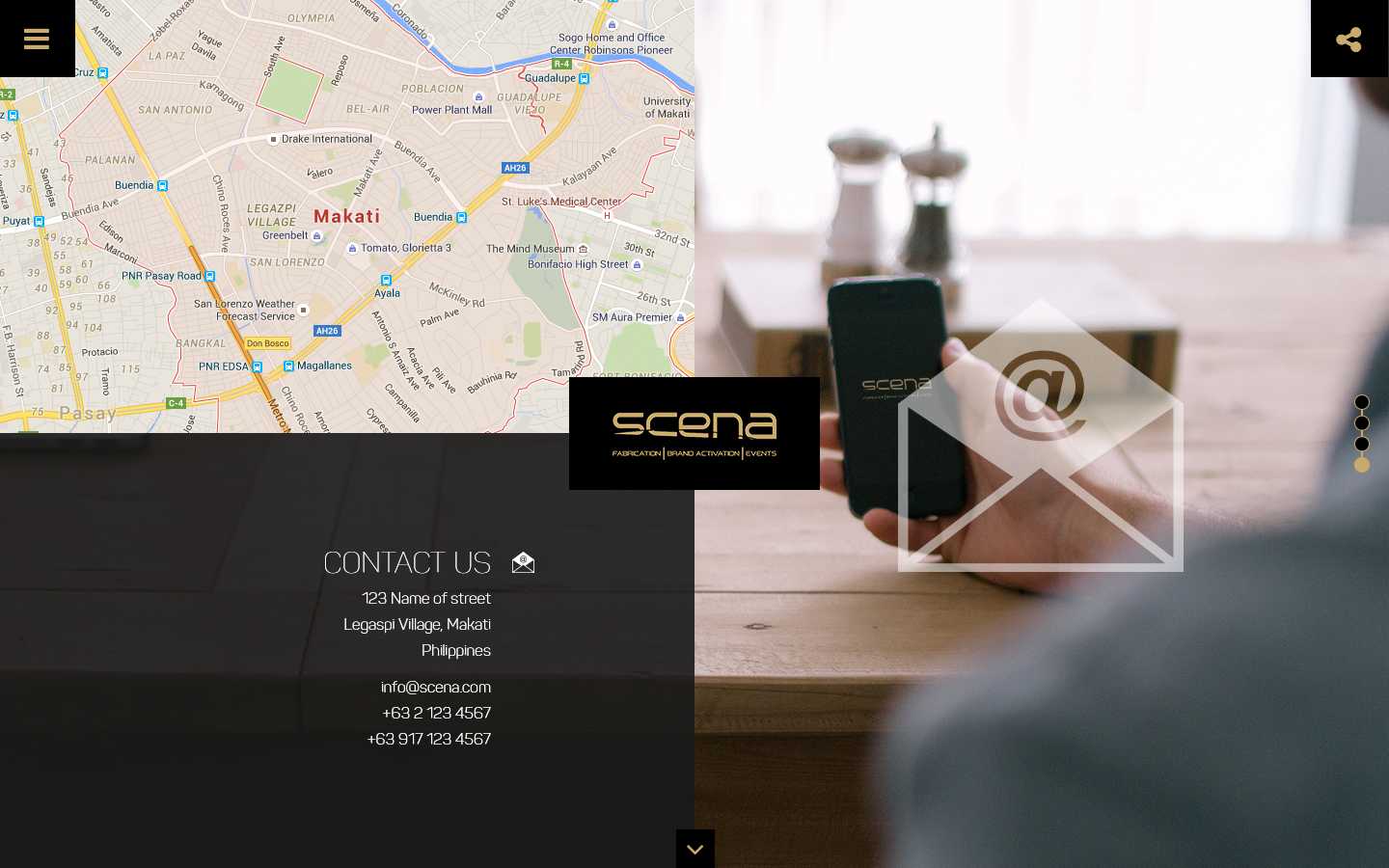 Scena Contact Us section with a Google Map of Makati, the Legaspi Village address, and phone and email details