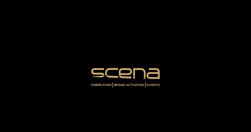 Scena website intro screen with the gold scena wordmark and 'Fabrication | Brand Activation | Events' on black