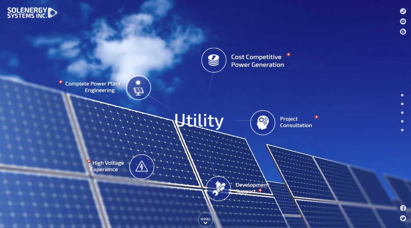 Solenergy 'Utility' section with animated icon circles radiating out for power plant engineering, cost competitive power generation, and project consultation over a solar farm