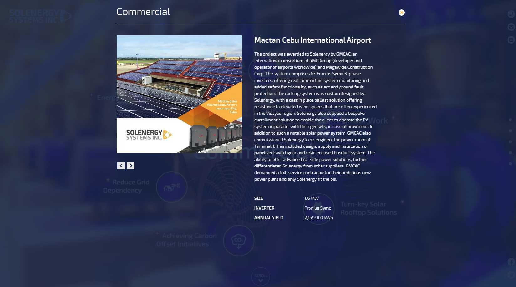 Solenergy Commercial project overlay for Mactan Cebu International Airport with the project photo, description, and system size, inverter, and annual yield figures