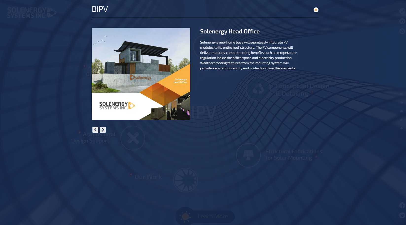 Solenergy BIPV project overlay for the Solenergy Head Office with the building photo and its roof-integrated PV description