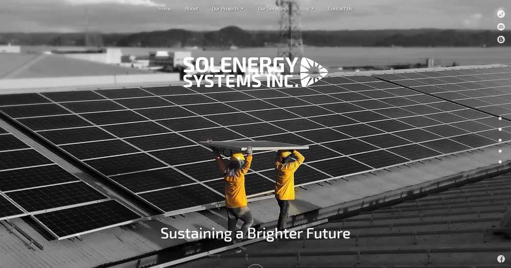 Solenergy Systems homepage hero with two workers in yellow carrying a solar panel across a rooftop array under the logo and 'Sustaining a Brighter Future'