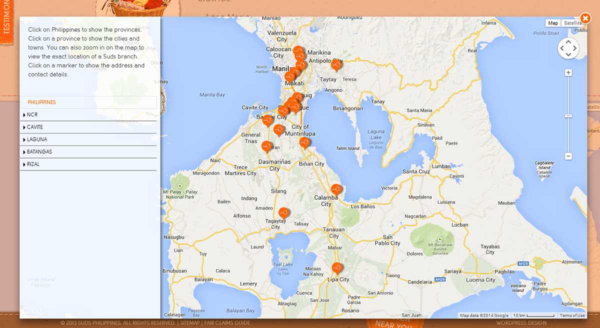 Suds Laundry branch locator map of Metro Manila and CALABARZON with orange Suds pins and a Philippines province list for NCR, Cavite, Laguna, Batangas, and Rizal