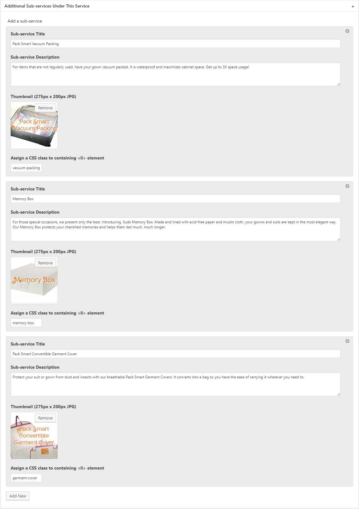 Suds Laundry WordPress admin for the Services post type, showing repeatable sub-service fields for title, description, thumbnail, and CSS class
