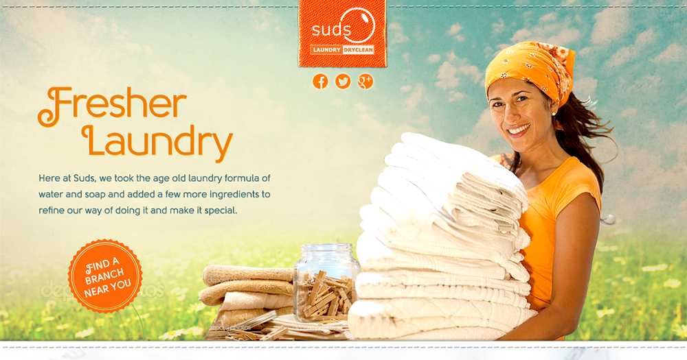 Suds Laundry homepage hero with the orange suds logo, the 'Fresher Laundry' headline, and a woman carrying a stack of folded white linen over a sunlit field