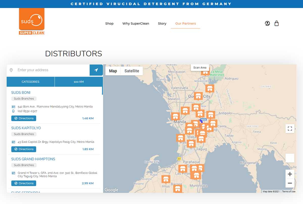 Suds SuperClean Distributors page with a searchable branch list for Boni, Kapitolyo, Grand Hamptons, and Cendrena beside a Google Map of Metro Manila with orange Suds pins