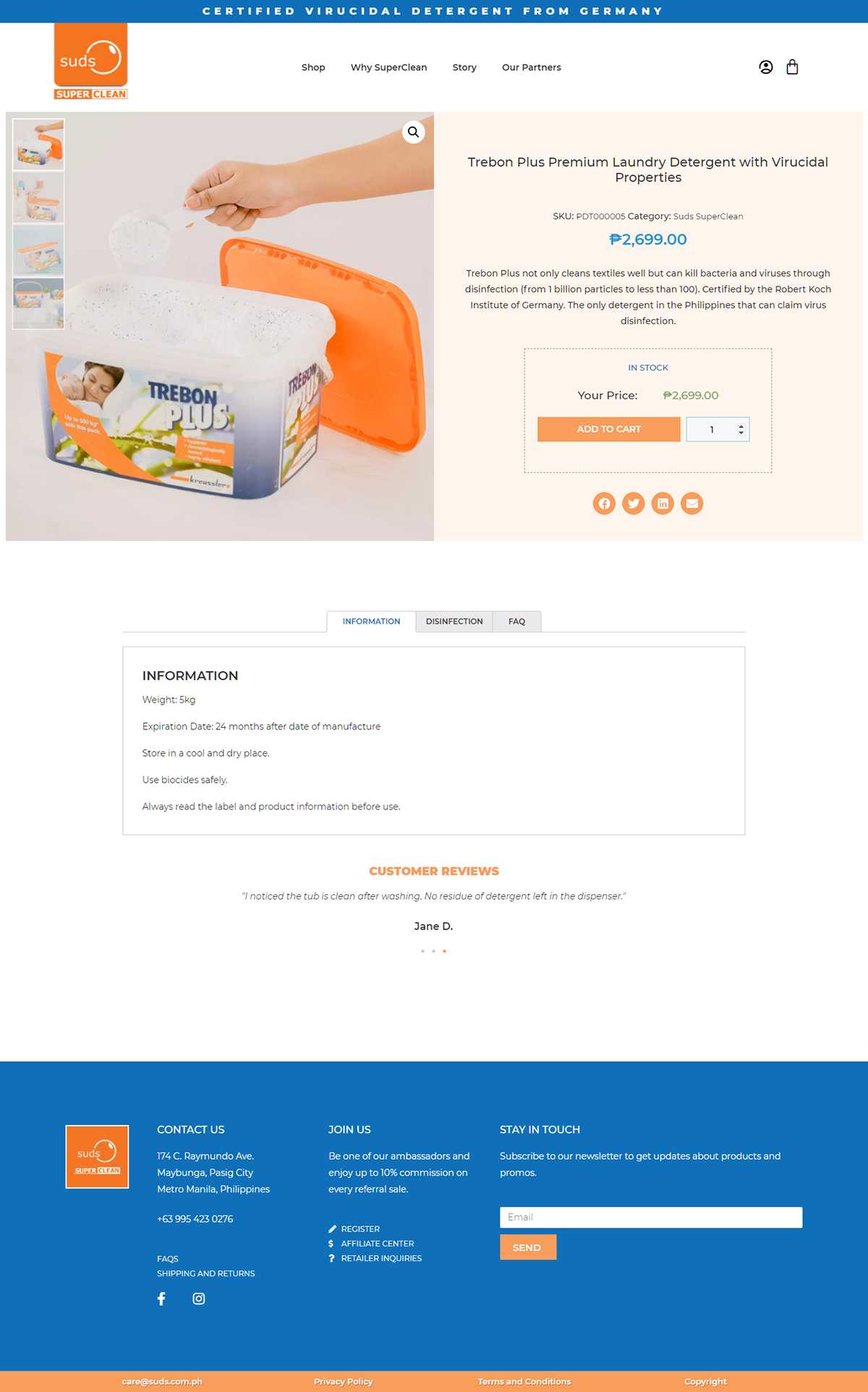 Suds SuperClean product page for Trebon Plus Premium Laundry Detergent at ₱2,699.00 with Add to Cart, information tabs, and a customer review