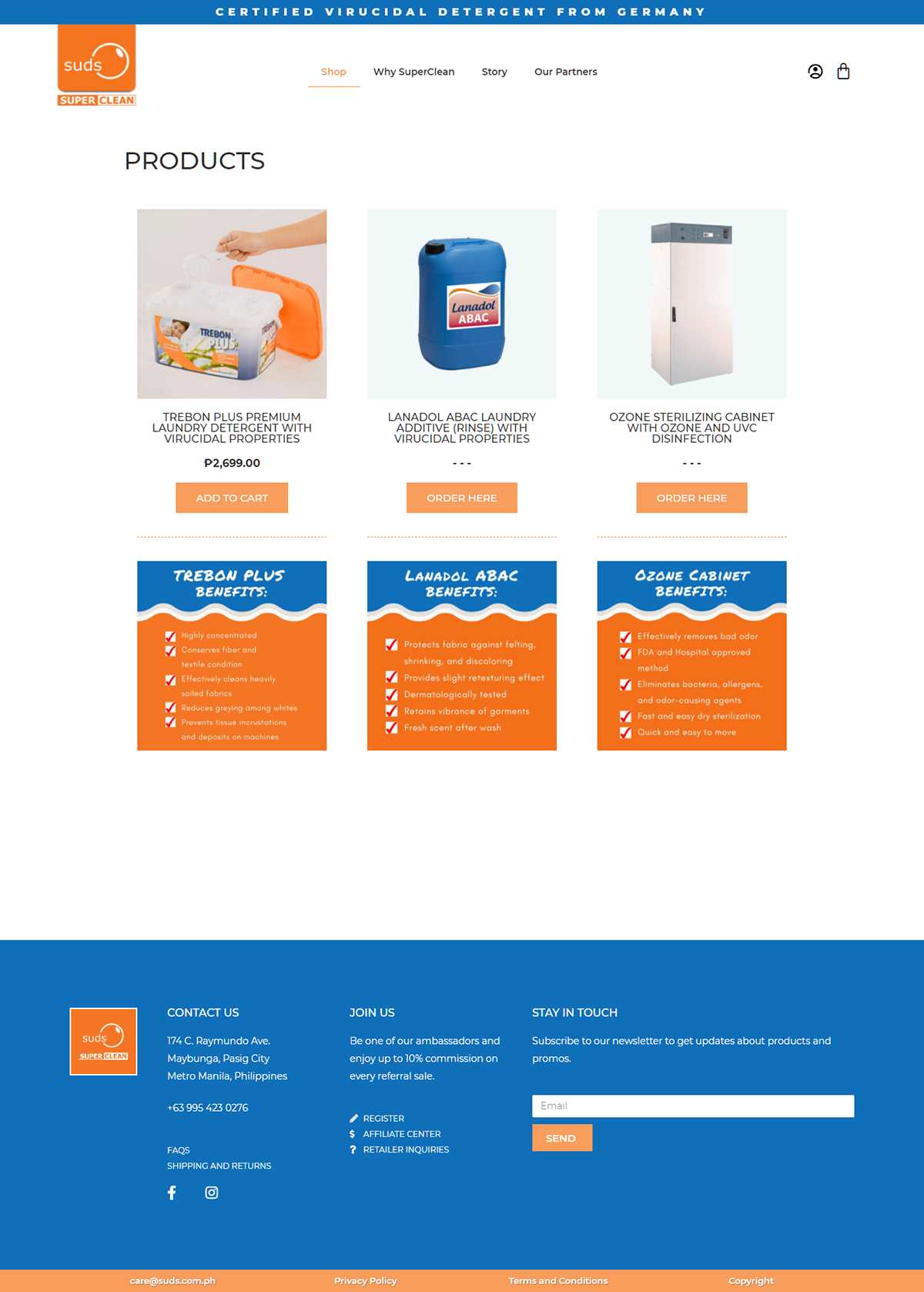 Suds SuperClean Products page listing Trebon Plus, Lanadol ABAC, and the Ozone Sterilizing Cabinet with their benefit panels