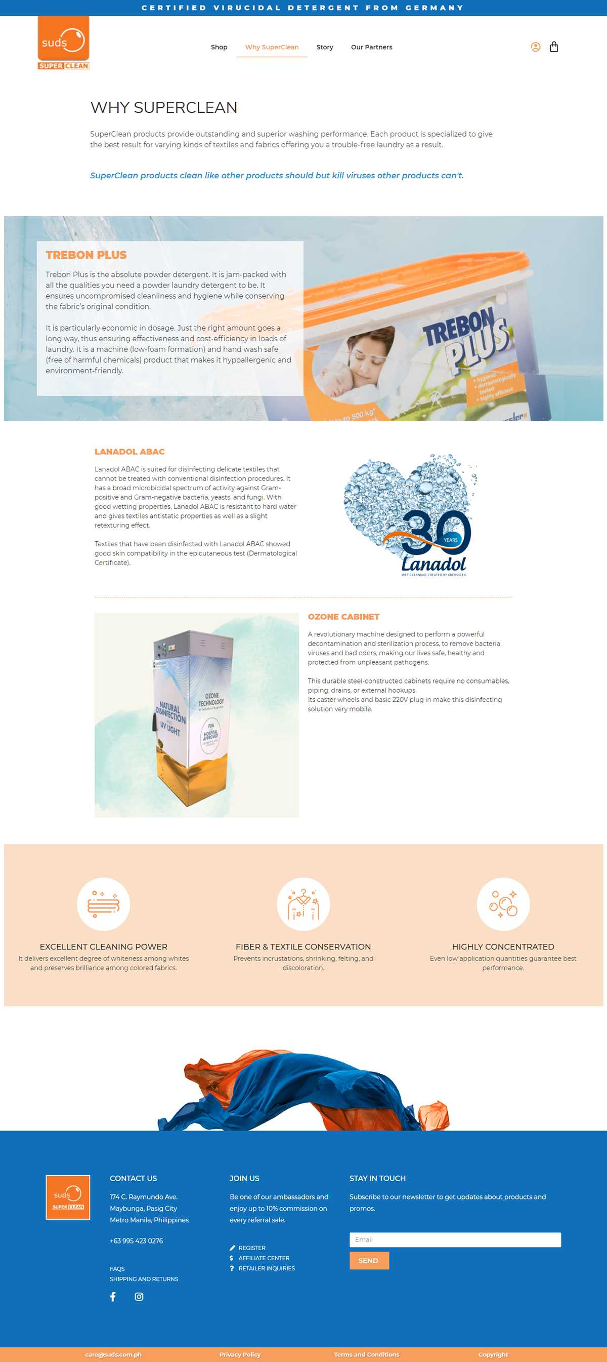 Suds SuperClean Why SuperClean page with sections on Trebon Plus, Lanadol ABAC, and the Ozone Cabinet plus cleaning power, fibre conservation, and concentration benefits