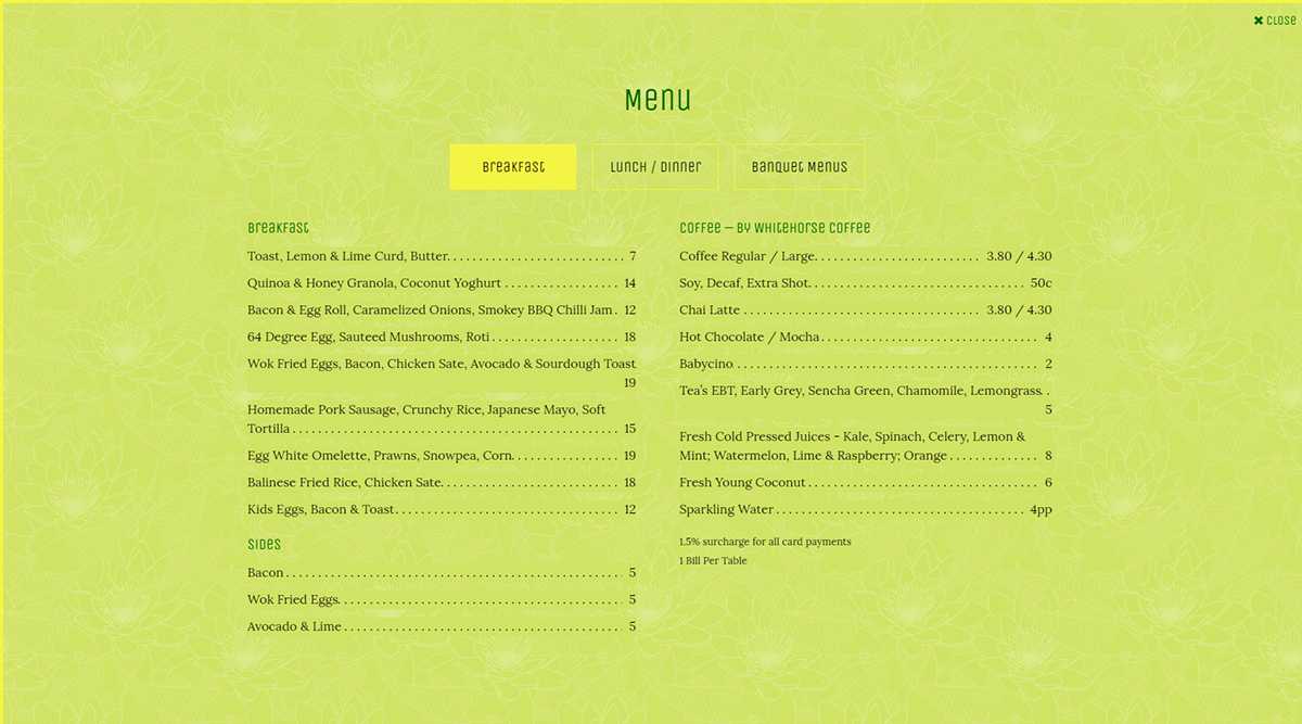 Sugarcane Restaurant menu page with Breakfast, Lunch / Dinner, and Banquet Menus tabs over a lime-green floral background, listing breakfast dishes, sides, and coffees