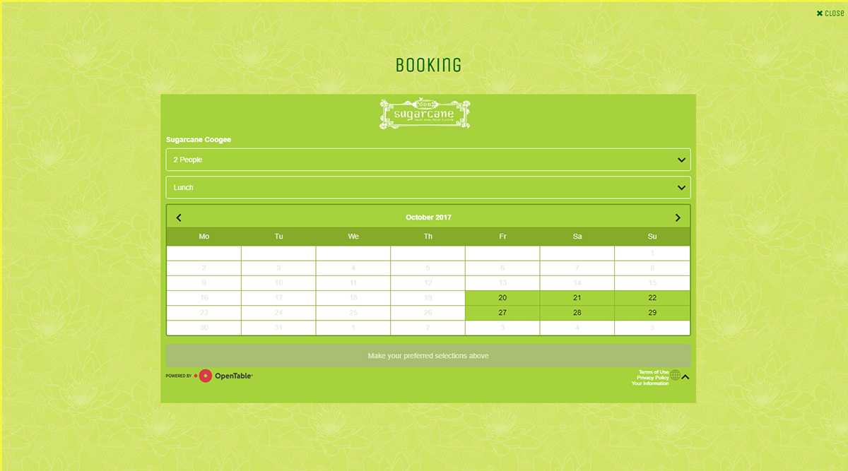 Sugarcane Restaurant booking page with an OpenTable widget for choosing party size, meal, and a booking date