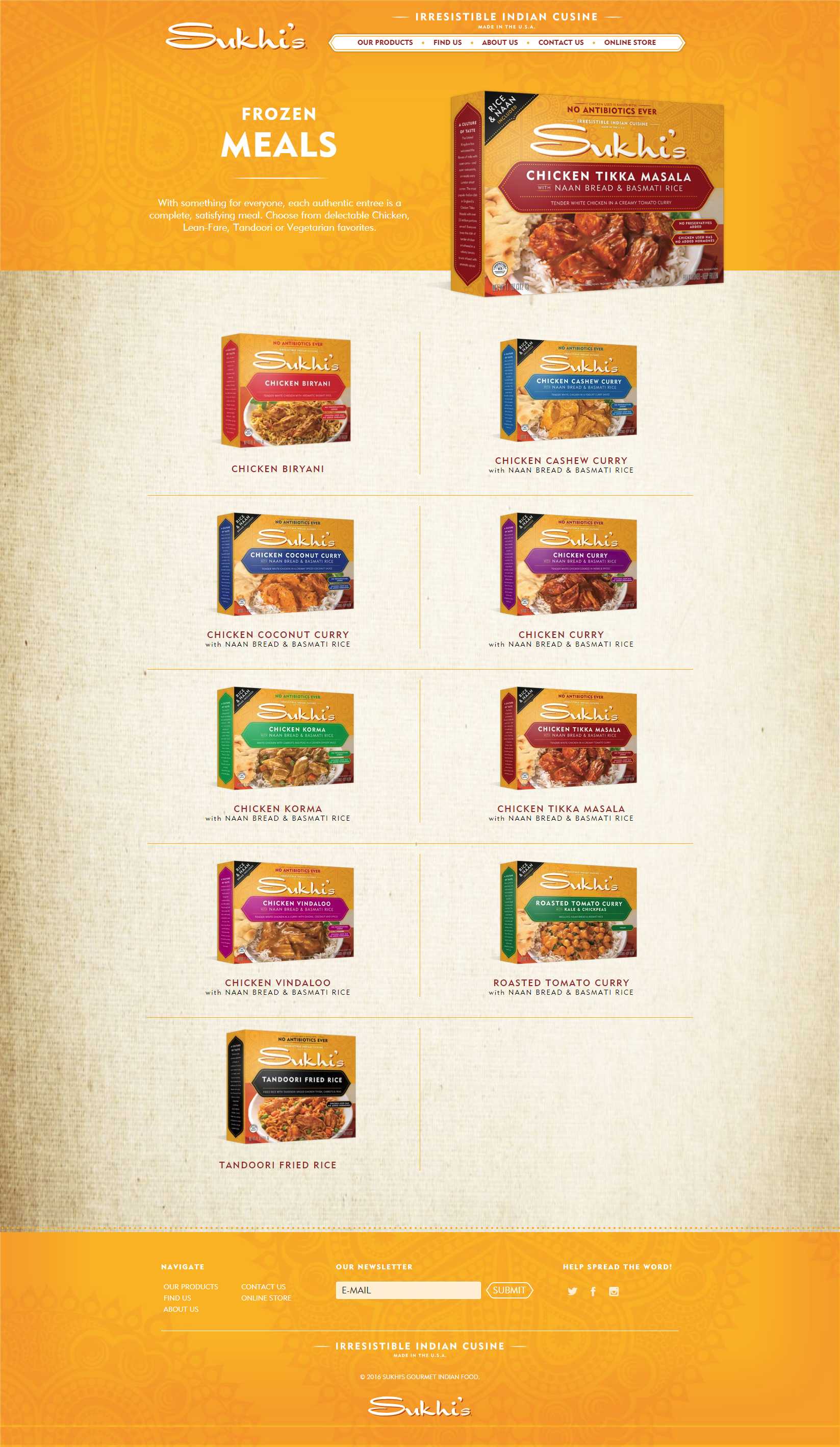 Sukhi's Frozen Meals page with a Chicken Tikka Masala package in the hero and a product grid including Chicken Biryani, Chicken Korma, and Chicken Vindaloo